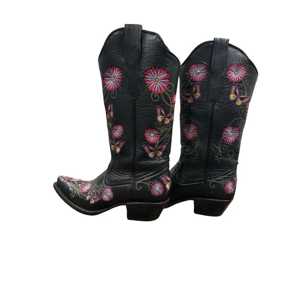 Cowboy Pro Black Leather Western Boots Floral Butterfly Embroidered Handmade 6.5